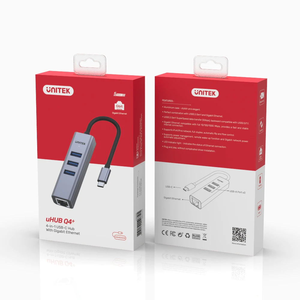 UNITEK H1904A uHUB Q4+ 4-in-1 USB-C Ethernet Hub 