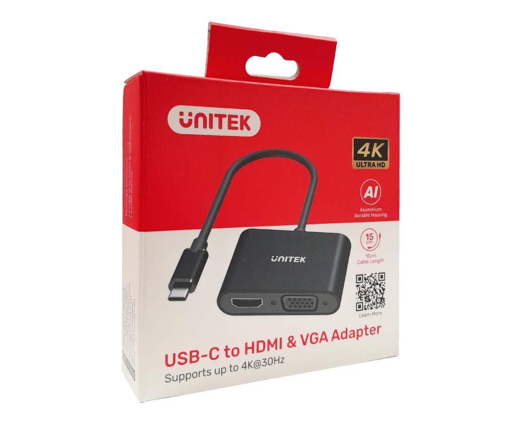 UNITEK V1168A 4K*2K@30Hz USB-C Male to HDMI Female + VGA Female Adapter