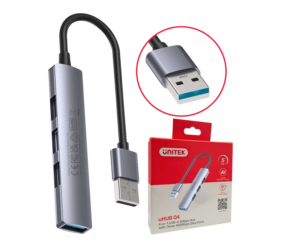 UNITEK H1208A uHUB Q4 4-in-1 USB-A 5Gbps Hub with Three 480Mbps Data Ports