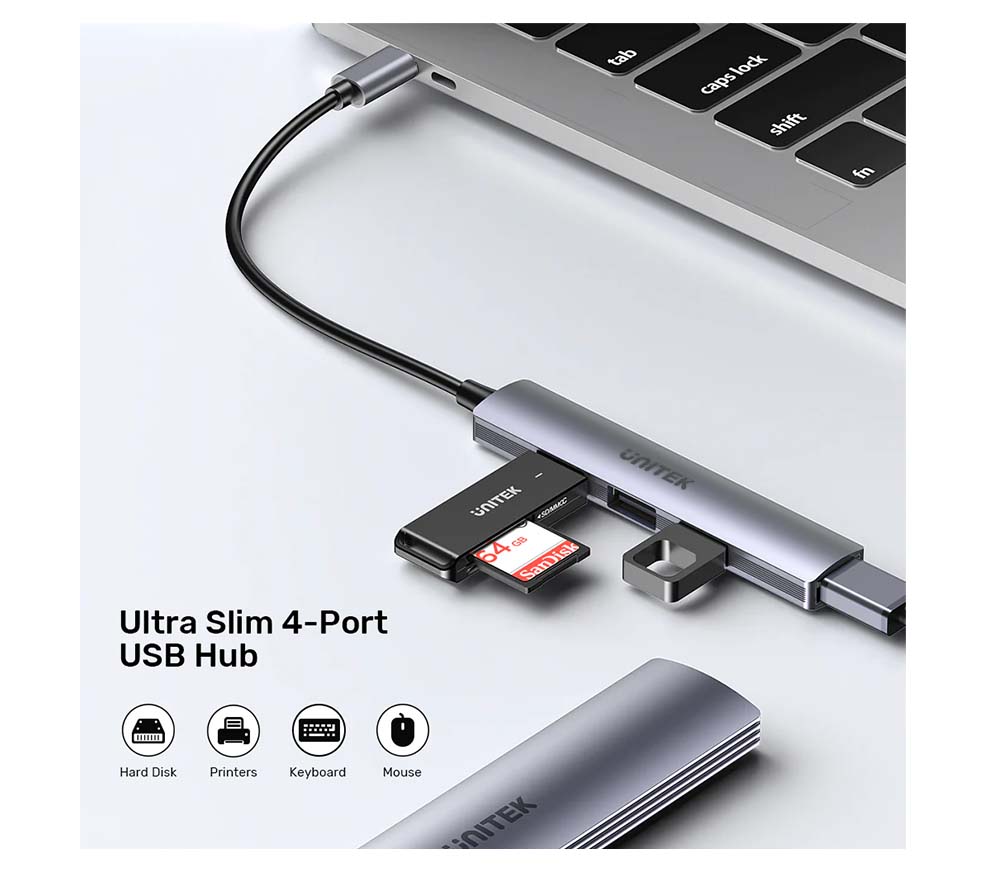 UNITEK H1208B uHUB Q4 4-in-1 USB-C 5Gbps Hub with Three 480Mbps Data Ports