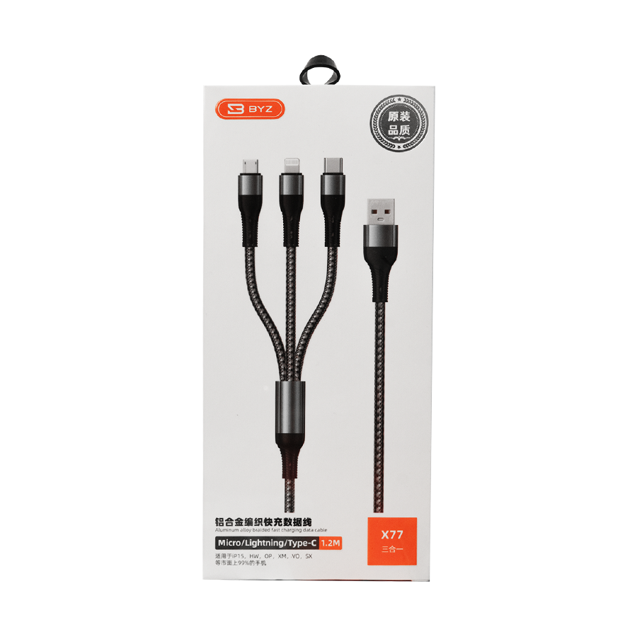 BYZ X77-B 3-in-1 1.2m USB Smart Data Fast Charging Cable